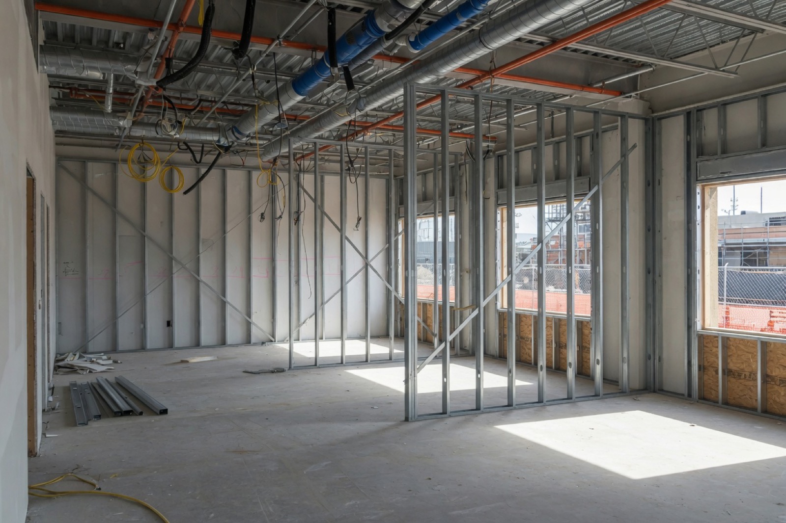 Steel stud framing in a commercial suite with open ductwork overhead