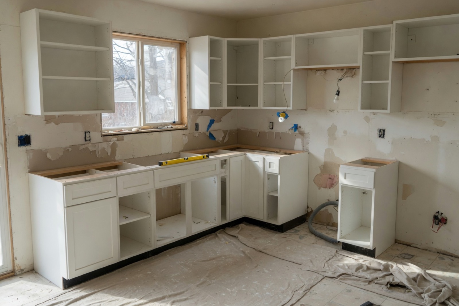 Kitchen remodel with base cabinets installed and no countertops yet