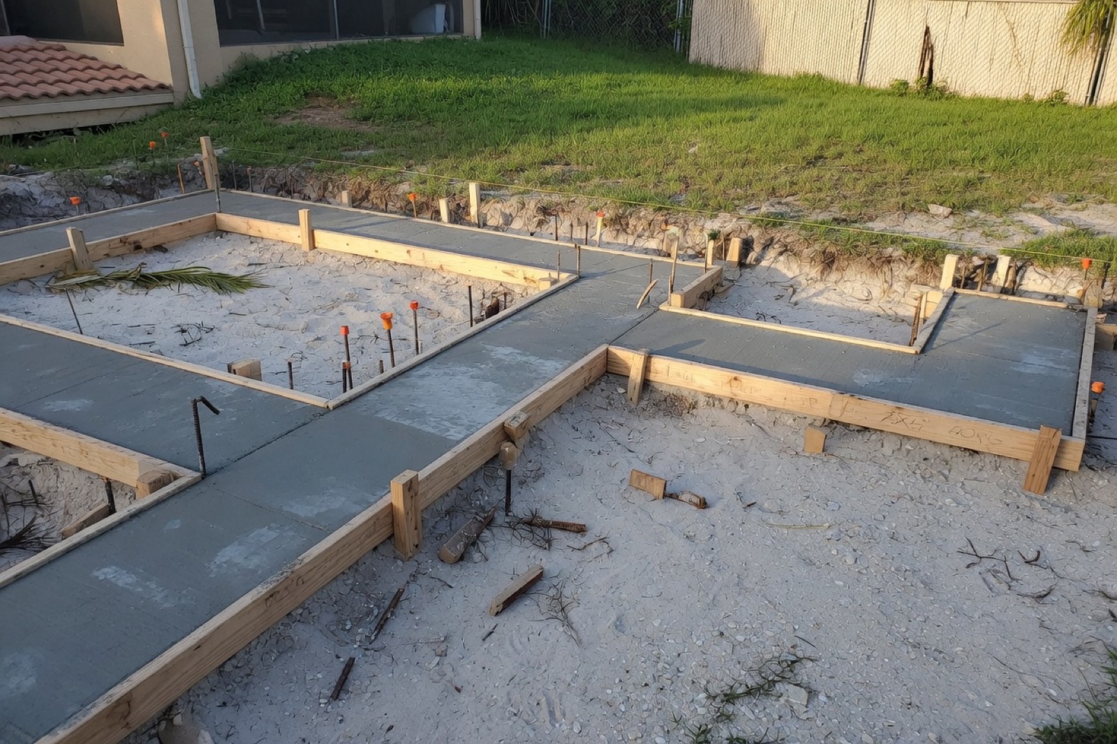 Backyard with concrete footings and form boards